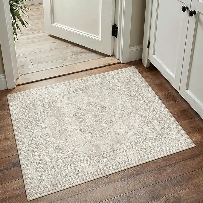 Beige 2x3 Area Rug Washable Vintage Small Carpet by PureCozy