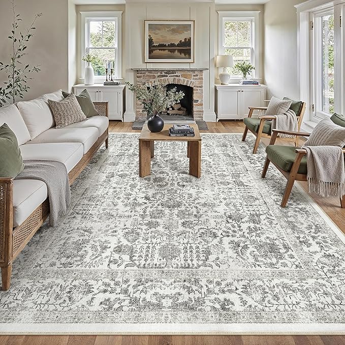 Black Area Rug 9x12 Machine Washable Large Vintage Living Room Distressed Non by PureCozy