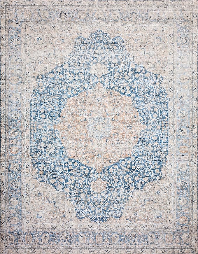 Loloi Layla Collection LAY-07 Blue/Tangerine 7'-6" x 9'-6" .13" Thick Area Rug - Image 3