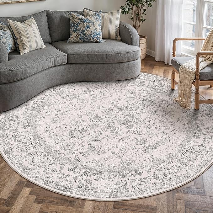 Grey Round Area Rug 5ft Entryway Door Mat Small Circle 5x5 Kitchen Vintage by PureCozy