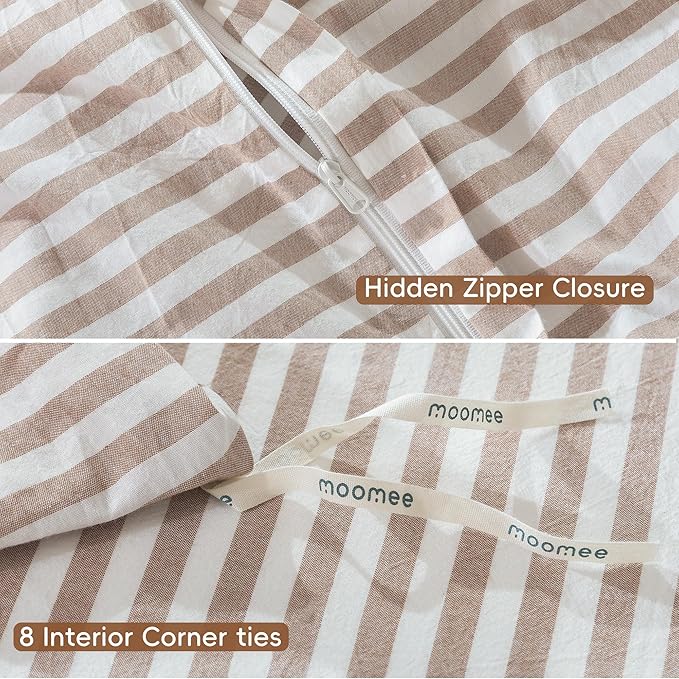 MooMee Striped Duvet Cover Set 100% Washed Cotton Linen Like Textured - Image 7