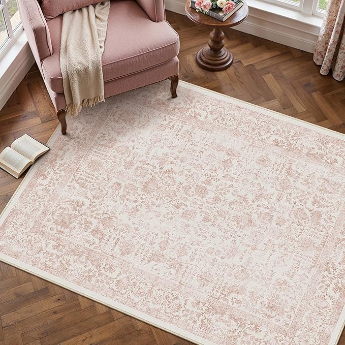 Pink Area Rug 4x6 Office Entryway Rug Machine Washable Kitchen Vintage - Image 5